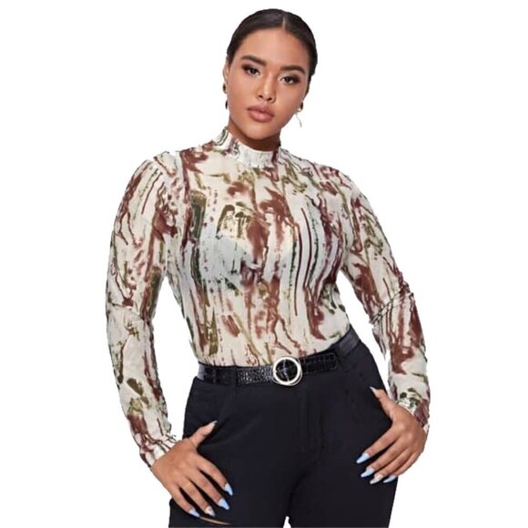 SHEIN Mock Neck Y2K Sheer Mesh Abstract Floral Camouflage Long sleeve Top M - Picture 1 of 16
